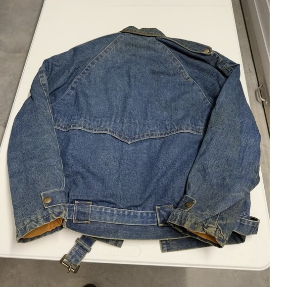 Vintage 80s Denim Biker Jacket Blue Belted Quilted Lining Moto Trucker Coat - Picture 7 of 9